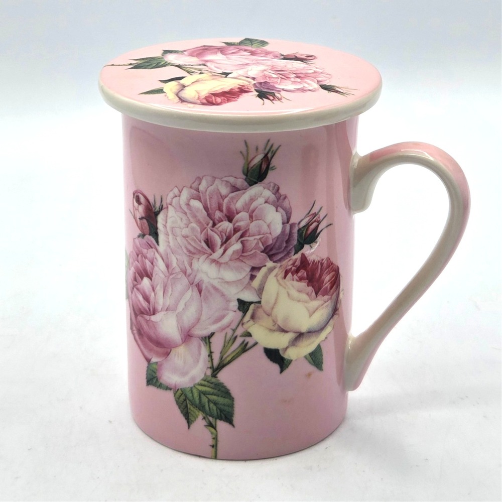 Kent Pottery England Coffee Mug‎ / Tea Cup with Lid  Pink Cup with Pink Roses